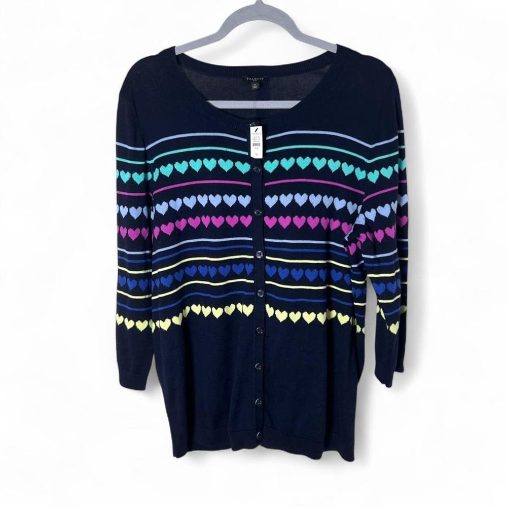 Talbots navy‎ blue striped heart cardigan Size XL #cardigan #knitwear